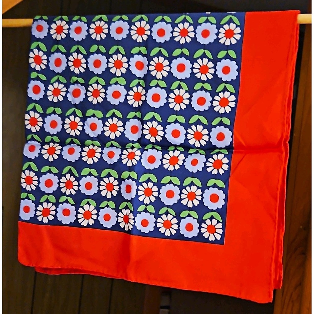 Glentey 100% Silk Floral Scarf Red Blue White Green Made in Japan / Hand Rolled